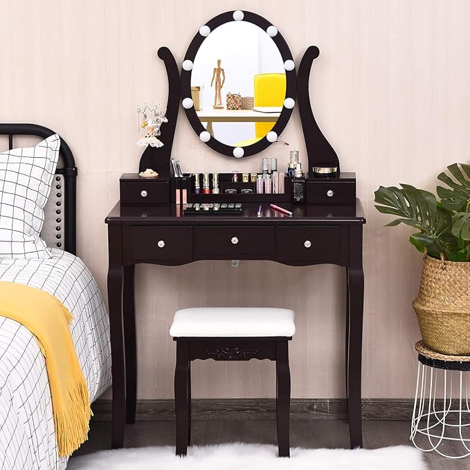 CHARMAID Makeup Vanity Table with Lighted Mirror, Vanity Desk with 10 LED Lights, Adjustable Brightness, 5 Drawers and Removable Storage Organizer, Bedroom Dressing Table with Stool (Espresso)