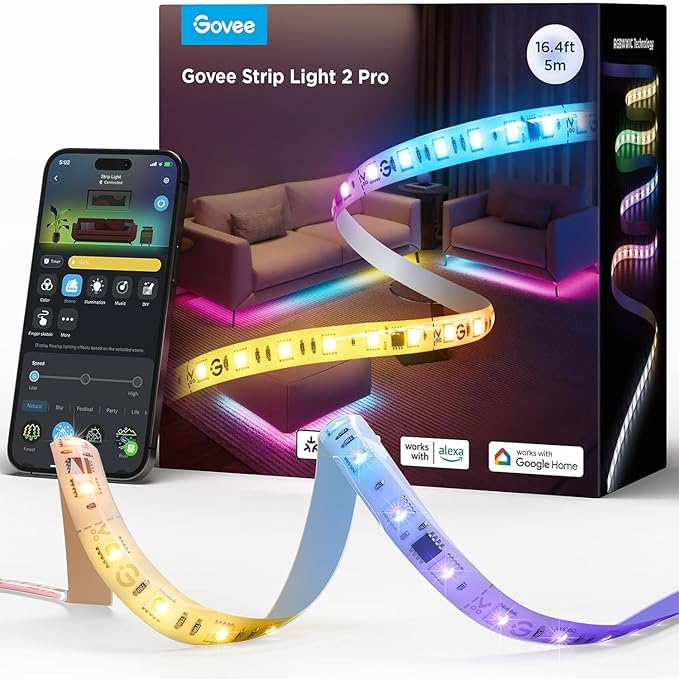 Govee RGBIC Strip Light 2 Pro with Matter, 6.56ft Smart LED Strip Lights Compatible with Alexa and Google Assistant, Color Changing LED Lights for Bedroom, Cabinet, Party, Gaming Desk, Home Decor