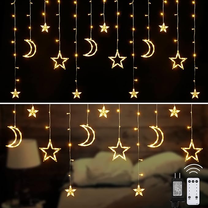 Christmas LED Curtain String Lights - 18FT 12 Drops 138 LED Star Moon Hanging Lights with Remote, 8 Modes, 6H Timer, Waterproof Connectable Window Lights for Indoor Outdoor Holiday Decorations