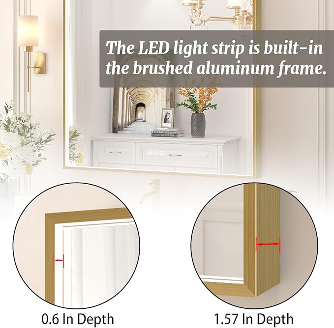 32x32 Inch LED Bathroom Mirror, Gold Metal Framed Lighted Mirror for Bathroom, Wall Mouted LED Vanity Mirror with Lights, 3 Colors and Stepless Dimmable, Anti-Fog, Memory