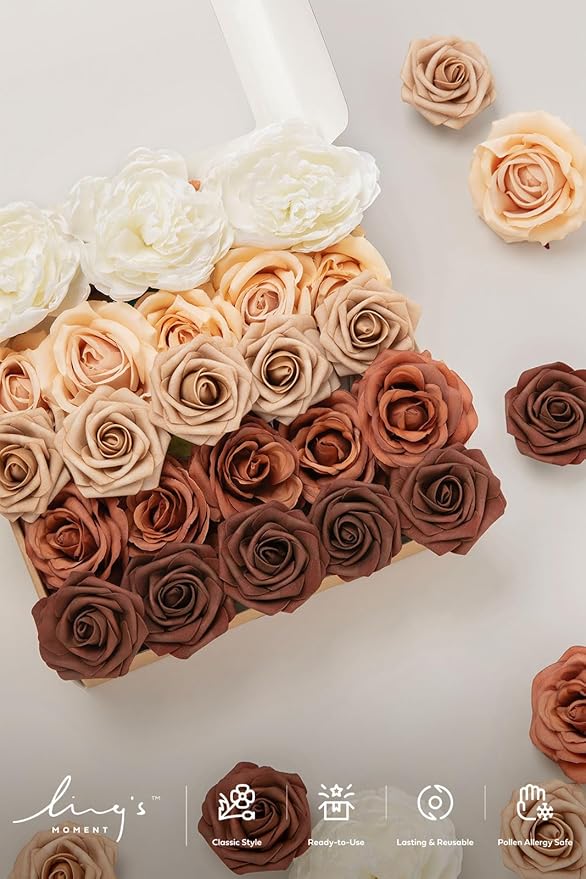 Ling's moment Artificial Flowers Fake Silk Peonies Faux Foam Roses Combo for DIY Wedding Bouquets Centerpieces Arrangements Bridal Shower Party Home Decorations, Dried Flower & Orange, 19pcs