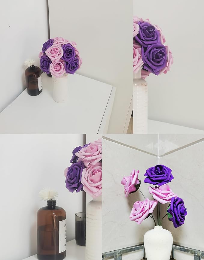 Purple Artificial Roses 50 PCS Flowers with Stem, Fake Rose Heads Bouquets for DIY Wedding Decorations Centerpieces Arrangements Party Home Garden Porch Window Decor