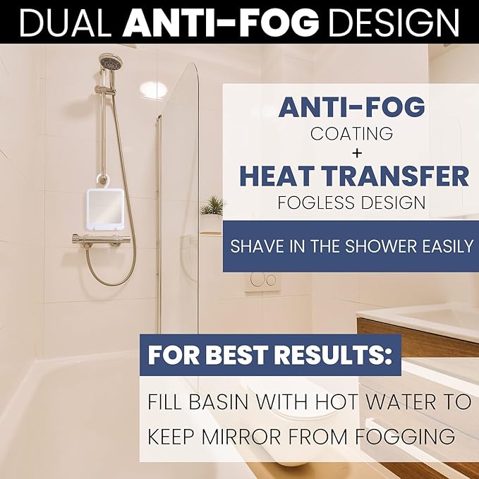MIRRORVANA Dual Anti Fog Shower Mirror for Shaving, Shatterproof Fogless Design with Hook for Hanging - Fill Back Chamber/Reservoir with Hot Water for Fog-Free Shave - 8" x 7" (White)