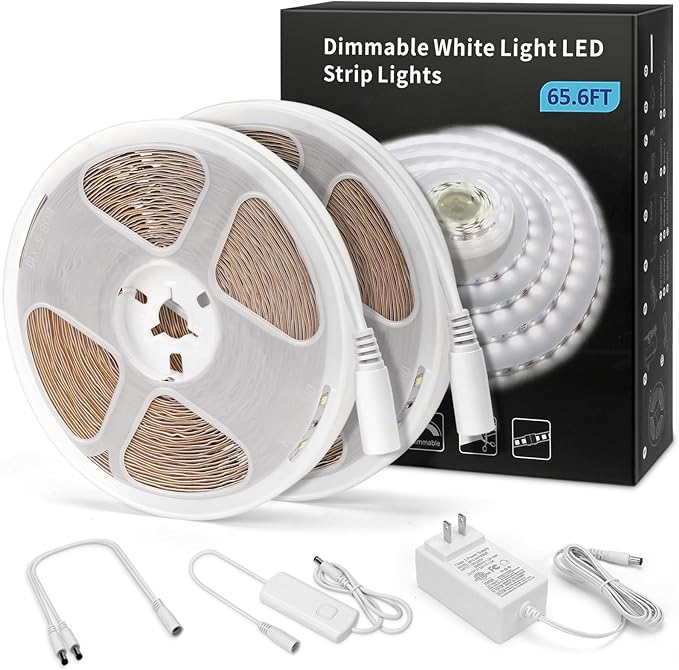 MYPLUS 65.6FT White Strip Lights, Dimmable LED Tape Light 6500K Bright Daylight White, Flexible Under Cabinet Lights with 1200 LEDs and UL Listed Safety Power Supply for Room,Kitchen and décor