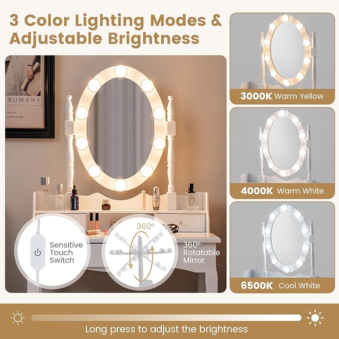 CHARMAID Girls Makeup Vanity Desk with Lights, Vanity Table with Lighted Mirror, 3 Lighting Modes, Adjustable Brightness, Modern Makeup Table with 3 Drawers and Stool for Small Space (White)