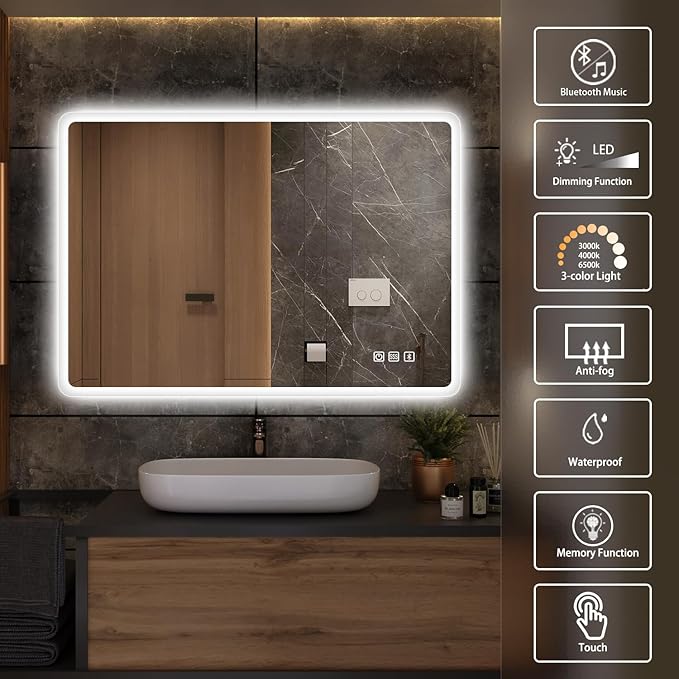 S'bagno 36"x28" LED Bathroom Mirror with Bluetooth Speaker, Anti-Fog & Waterproof, Dimmable Wall Mirror with Touch Control, 3 Light Colors, Vertical or Horizontal