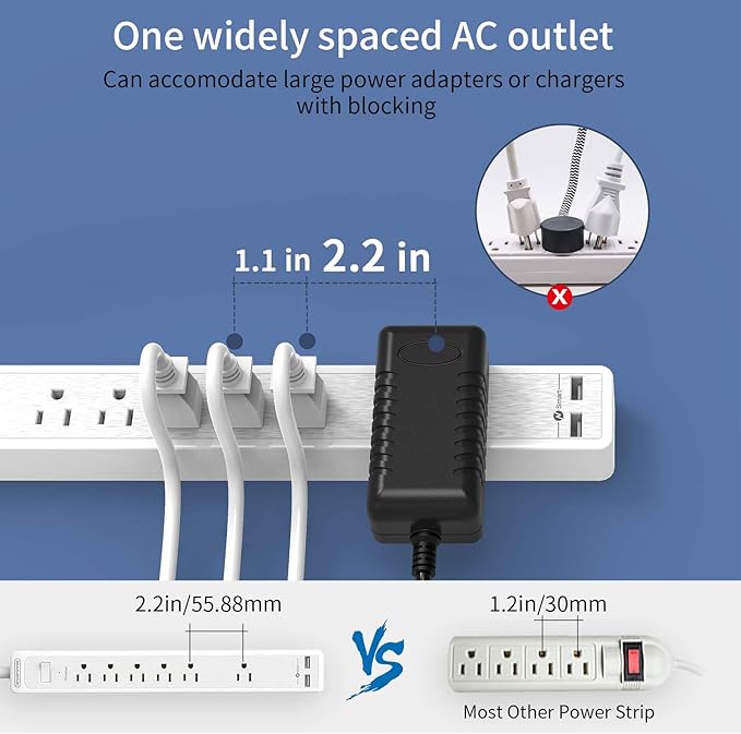 25ft Extension Cord Power Strip, 6 Outlets Surge Protector with 2 USB Ports, 15 A Circuit Breaker, Widely Spaced Outlet, Long Power Strip with Flat Plug Wall Mount for Home Office, Old House