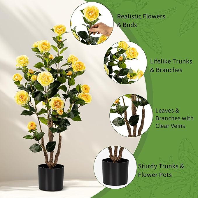 Artificial Camellia Tree 2 Pack, Artificial Plants Outdoor Faux Plant in Cement Pot Fake Yellow Silk Camellia Tree Plants for Home House Living Room Office Decor (Yellow (2 Pack))