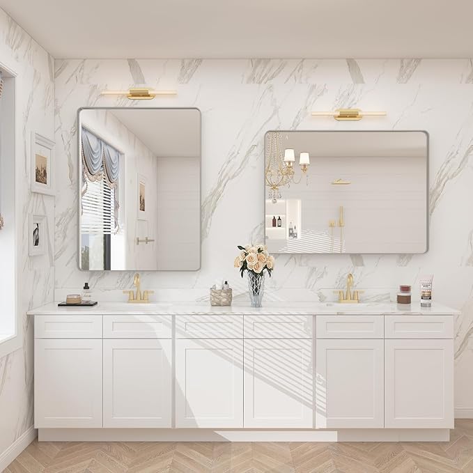 28x36 Silver Bathroom Mirror for Wall, Brushed Metal Framed Bathroom Vanity Mirror, Rounded Corner Rectangle Silver Mirror, Shatterproof, Anti-Rust (Horizontal/Vertical)