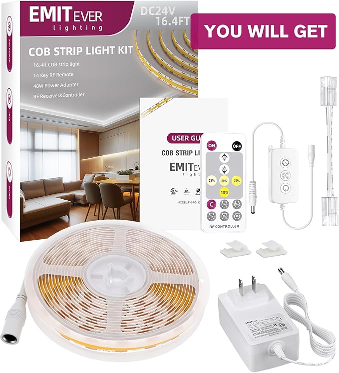 EMITEVER COB LED Strip Lights Kit Warm White with Remote & 24V Power Supply,16.4ft Dimmable Tape Light 2700K, High Density 2400LEDs, 300+LM/FT, CRI90+, Suitable for Bedroom Kitchen Cabinet Lighting