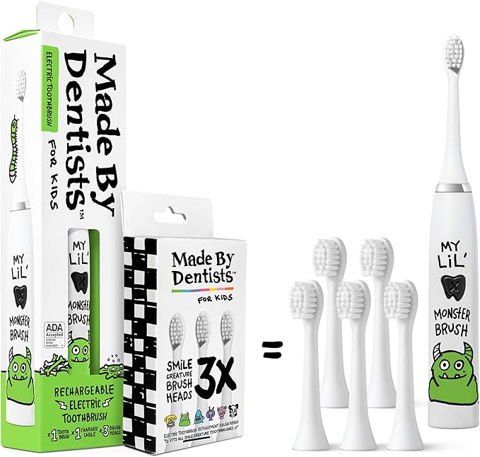 Kids Electric Toothbrush - Rechargeable Vibrating Toothbrush with Timer, Includes 6 Replacement Heads, Gently Cleans Teeth, for Girls and Boys, Kids & Toddlers Age 2+, Monster