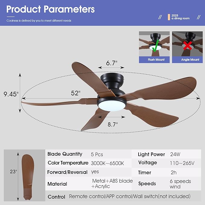 52 Inch Modern Ceiling Fans with Lights, Flush Mount Ceiling Fan with Light and Remote/APP Control, 5 Reversible 6 Speeds Curved Blades, 3 CCT Dimmable Lights for Kids Room, Brown