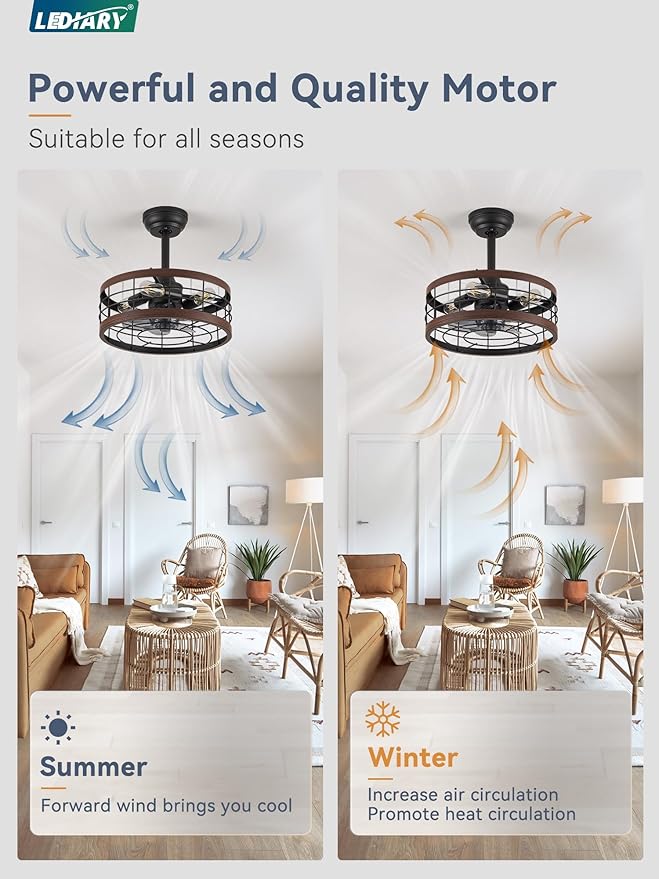 LEDIARY 16.5in Caged Ceiling Fan with Light, Bladeless Industrial Ceiling Fan with Remote, Rustic Metal Fan Lights Ceiling Fixtures for Kitchen, Farmhouse, Bedroom（6 Speed,1/2/4/8h Timing）-Walnut
