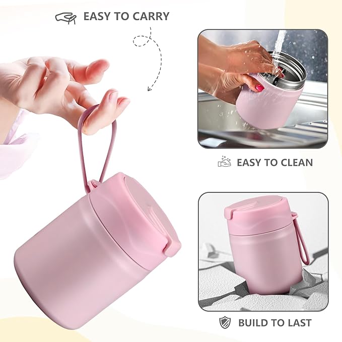 17oz Soup Thermo for Hot Food Kids Insulated Vacuum Food Jar with Stainless Steel Spoon Wide Mouth Thermo Leakproof Lunch Food Container Kids Hot Lunch Box (Pink)