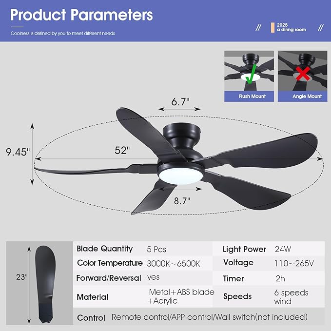 52 Inch Modern Ceiling Fans with Lights, Flush Mount Ceiling Fan with Light and Remote/APP Control, 5 Reversible 6 Speeds Curved Blades, 3 CCT Dimmable Lights for Bedroom, Black