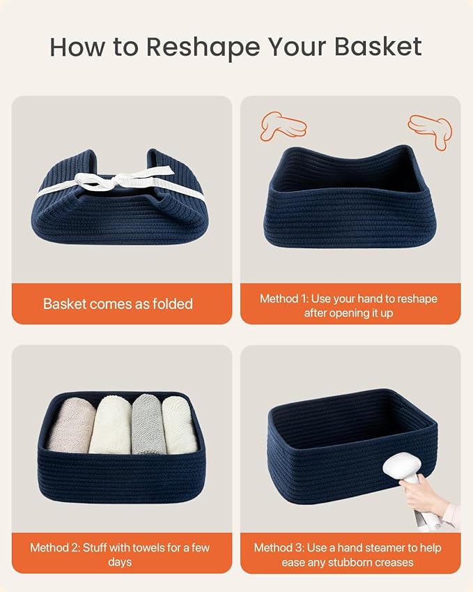 KALLAX Small Woven Basket, 12 x 8 x 4.5 Inches, Storage Basket for Organizing, Cute Small Rope Shelf Closet Cube Storage Bins Baskets for Shelves, Dog Toy Gift Baskets Empty, 3 Packs, Navy Blue