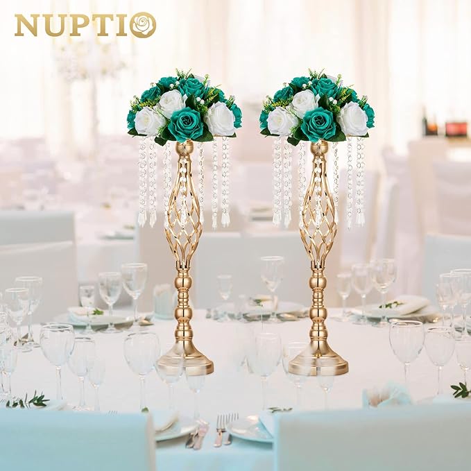 NUPTIO Flower Wedding Centrepieces for Tables - 2 Pcs 9.5in Diameter Teal & White Artificial Flowers Rose Ball for Centerpieces Table - Fake Rose Arrangements for Weddings Birthday Party Decorations