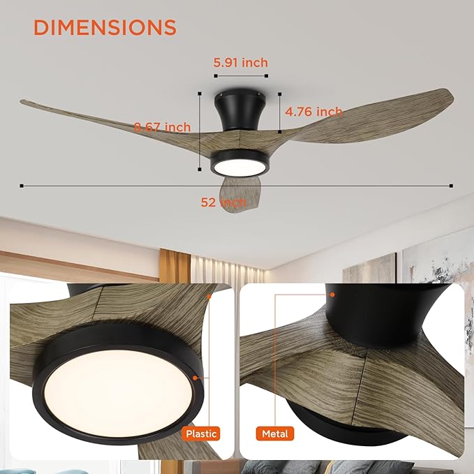 TALOYA 52 inch Ceiling Fans with Lights Remote Control, Modern Low Profile Ceiling Fan with Quiet Reversible DC Motor for Bedroom Living Room and Patio Black Walnut Finish