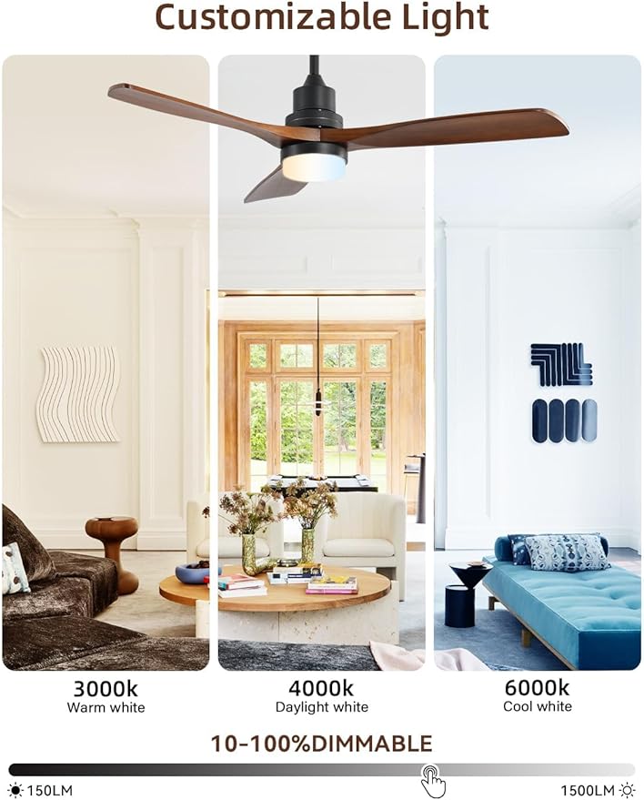 Sofucor 52 Inch Ceiling Fans with Lights and Remote Control, Modern Solid Wood Outdoor Ceiling Fan with Light for Bedroom Living Room Indoor Farmhouse Patio, Quiet DC Motor