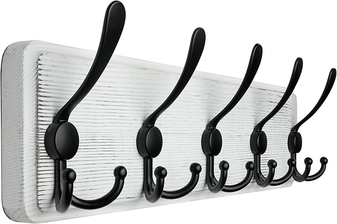 WEBI Coat Rack Wall Mount,Coat Hooks Wall Mounted,16" Hole to Hole,Coat Hanger Wall,Wood Hook Rack Rail,5 Triple Hooks for Hanging Coats,Jacket,Clothes,Black/White