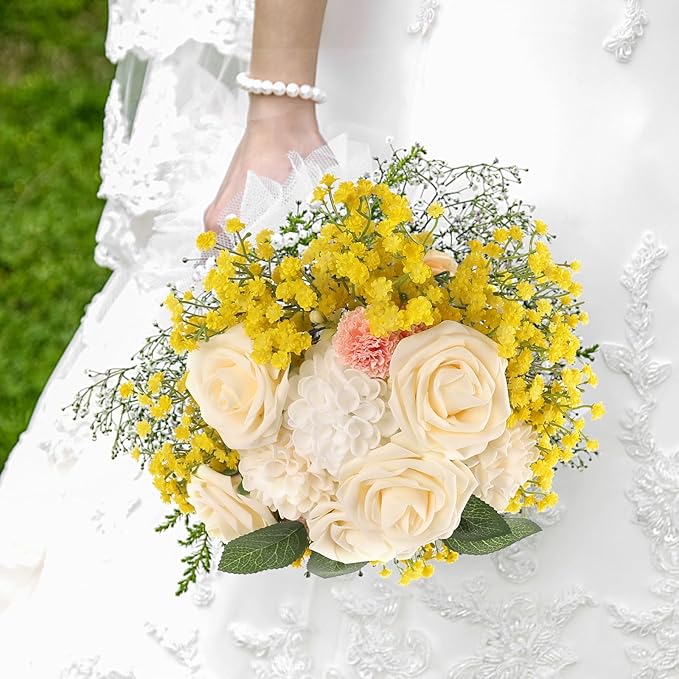 N&T NIETING Babys Breath Artificial Flowers Bulk, 10Pcs Fake Gypsophila Bouquet Flowers Real Touch Faux Babies Breath Arrangement for Wedding Floral Party Home Centerpieces Vase Decoration, Yellow