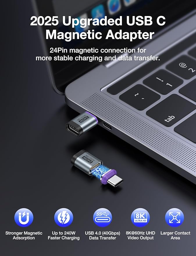 VAFOTON 24PIN USB C Magnetic Adapter 240w(2Pack), Straight Magnetic USB C Adapter Detachable, PD Fast Charging 40Gbps 8K 60Hz for 1Phone17/6/15, Thunderbolt 3/4, Mac-Book Pro/Air/1Pad, PS5 PSVR2