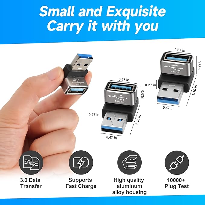 90 Degree USB 3.0 Adapter 4 Pack, Up and Down & Left and Right Right Angle USB A Male to Female Connector Converter USB L Shape Extender, Support Charge & Data Sync for PC, Laptop, Mouse, Keyboard