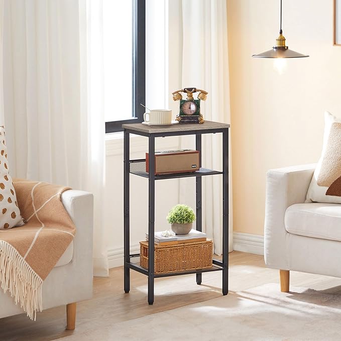 HOOBRO Side Table, 3-Tier Tall End Telephone Table with Adjustable Mesh Shelves, Small Entryway Stand for Living Room Bedroom Hallway or Office, Greige and Black BG01DH01G1