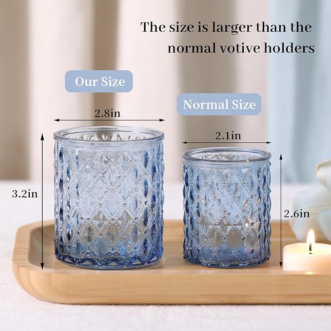 12Pcs Large Votive Candle Holders 2.8 * 3.2in Blue Tea Light Candle Holders Glass Candle Holder for Wedding, Bridal Shower, Table Centerpiece, Party, Home Decor