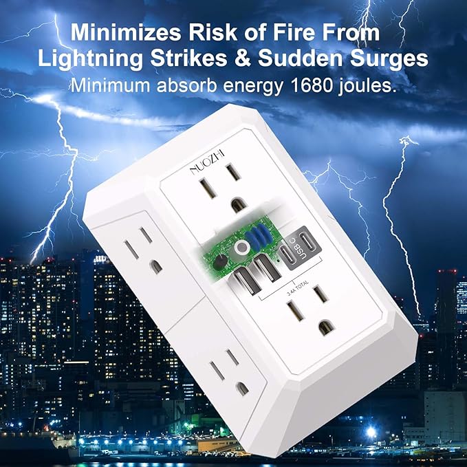 Outlet Extender Surge Protector - NUOZHI 6 Outlet Splitter with 4 USB Ports(2 USB-C), Multi Plug Wall Outlet 1680J Power Strip for Home Office Dorm Room Essentials, ETL, White