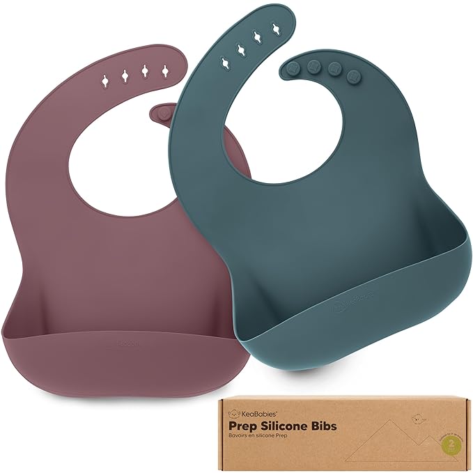 KeaBabies 2-Pack Silicone Baby Bibs for Eating - Sturdy Food-Grade Silicone Bibs for Babies Girl, Boy, Large Food Catcher, Clean & Put On Easily, Waterproof Toddler Feeding Essentials (Rocky)