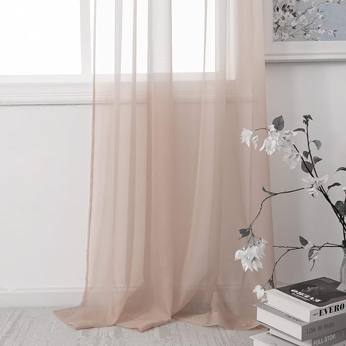 HUTO Blush Pink Sheer Curtains 96 inches Long for Bedroom Top Rod Pocket Sheer Window Panels Curtains for Nursery Living Room 52 by 96 Inch Length Set of 2