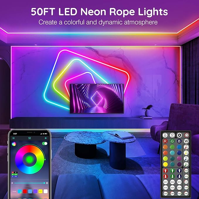 AILBTON 50Ft Neon Rope Lights,Flexible Led Rope Lights Control with App/Remote,Multiple Modes Rope Lights,IP65 Outdoor RGB Led Neon Light Waterproof,Music Sync Gaming
