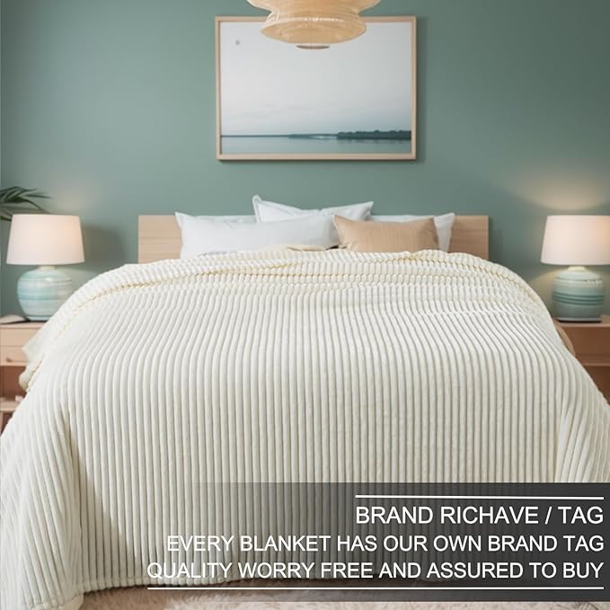 Richave Cuddly Blanket Twin Size,Premium Lightweight Anti-Static Fluffy Fleece Blanket with Striped Pattern for Twin/Twin XL Extra Long Bed, 66x90 Inches,Cream