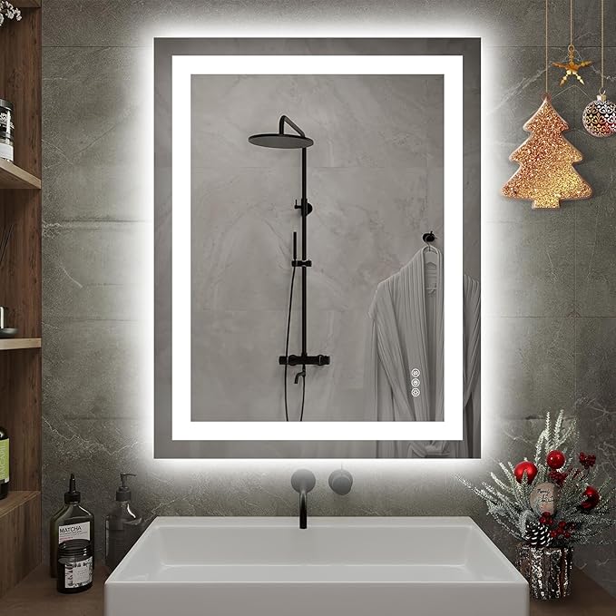LED Bathroom Mirror with Lights 28x32 Wall Vanity LED Mirror Stepless Dimmable,Double Front and Backlight,Anti-Fog,Memory Smart Mirror for Bathroom