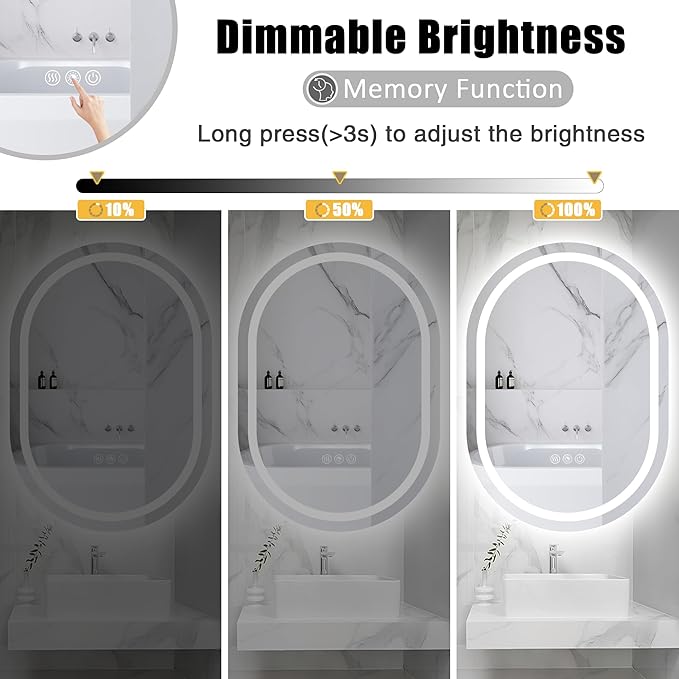Oval LED Bathroom Mirror with Light 40" x 30", Oval Lighted Mirror for Bathroom,Pill-Shaped Frameless Oval Bathroom Mirror with Light,3 Color,Dimmable,Anti-Fog(Horizontal/Vertical)