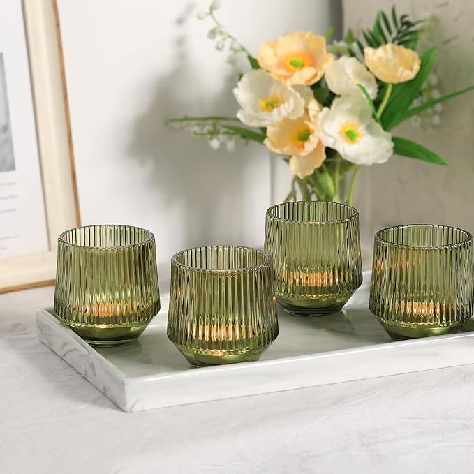 LAMORGIFT 12 Pcs Large Green Ribbed Glass Tea Light Holders - 3.15" x 3.15" - Green Wedding Decor, Table Centerpieces