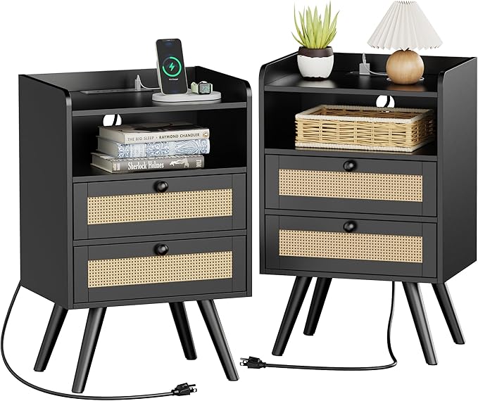SUPERJARE 2 Drawer Night Stand with Charger Station, Boho Rattan Nightstand Set of 2, 25.2 Inch Tall Bed Side Table with Solid Wood Feet, End Table, Open Storage, Synthetic Rattan, for Bedroom, Black