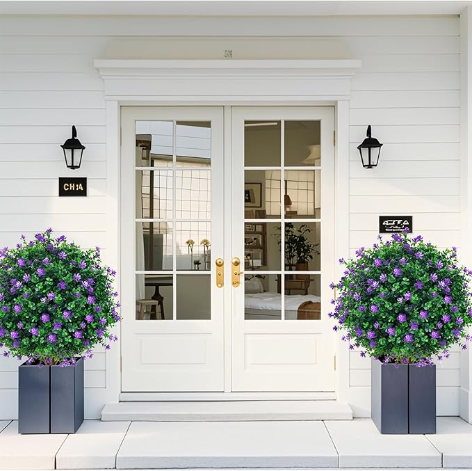 Artificial Purple Flower Boxwood Topiary Ball Trees,2 Set of 16'' UV Resistant Fake Evergreen Shrubs Bushes Plants with Ground Spike, Fake Plants for Outdoor Indoor Front Porch Garden