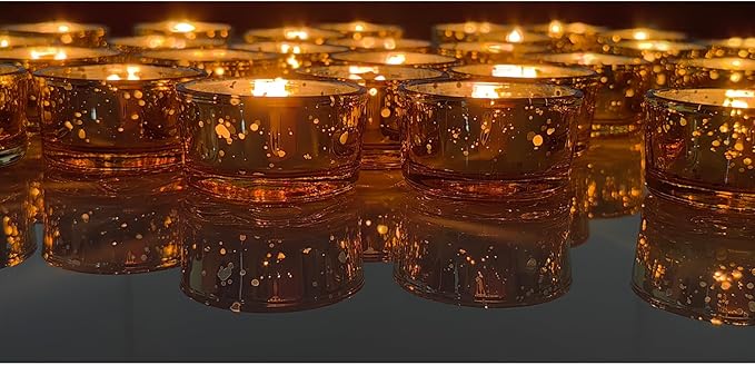 GOLDEAL 30 Pcs Samll Glass Tealight Candle Holders Speckled Gold Glass-Tea Candle Holders Bulk-Perfect for Weddings, Parties, Dinners - Ideal for 1.5" Standard Tealights and Candle Moulds…