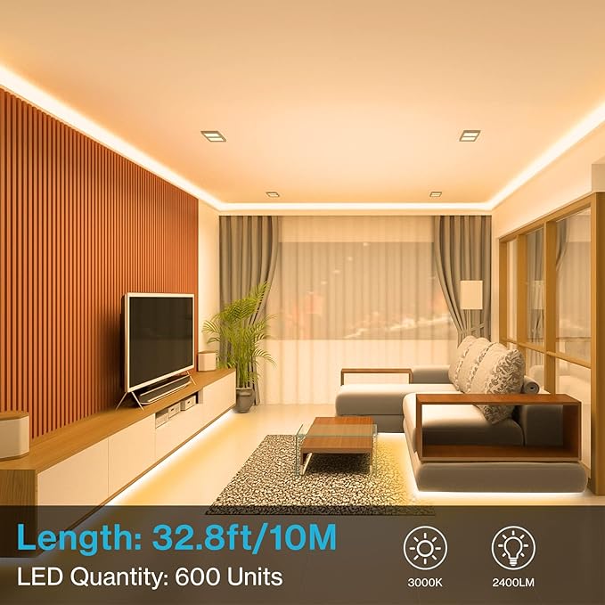 Olafus 32.8ft LED Strip Lights Warm White, Dimmable Soft White Light Strip 3000K with Adhesive Clips, 12V 10M Flexible Led Lights for Bedroom Indoor Kitchen, UL Listed Plug, 600 LEDs 2835