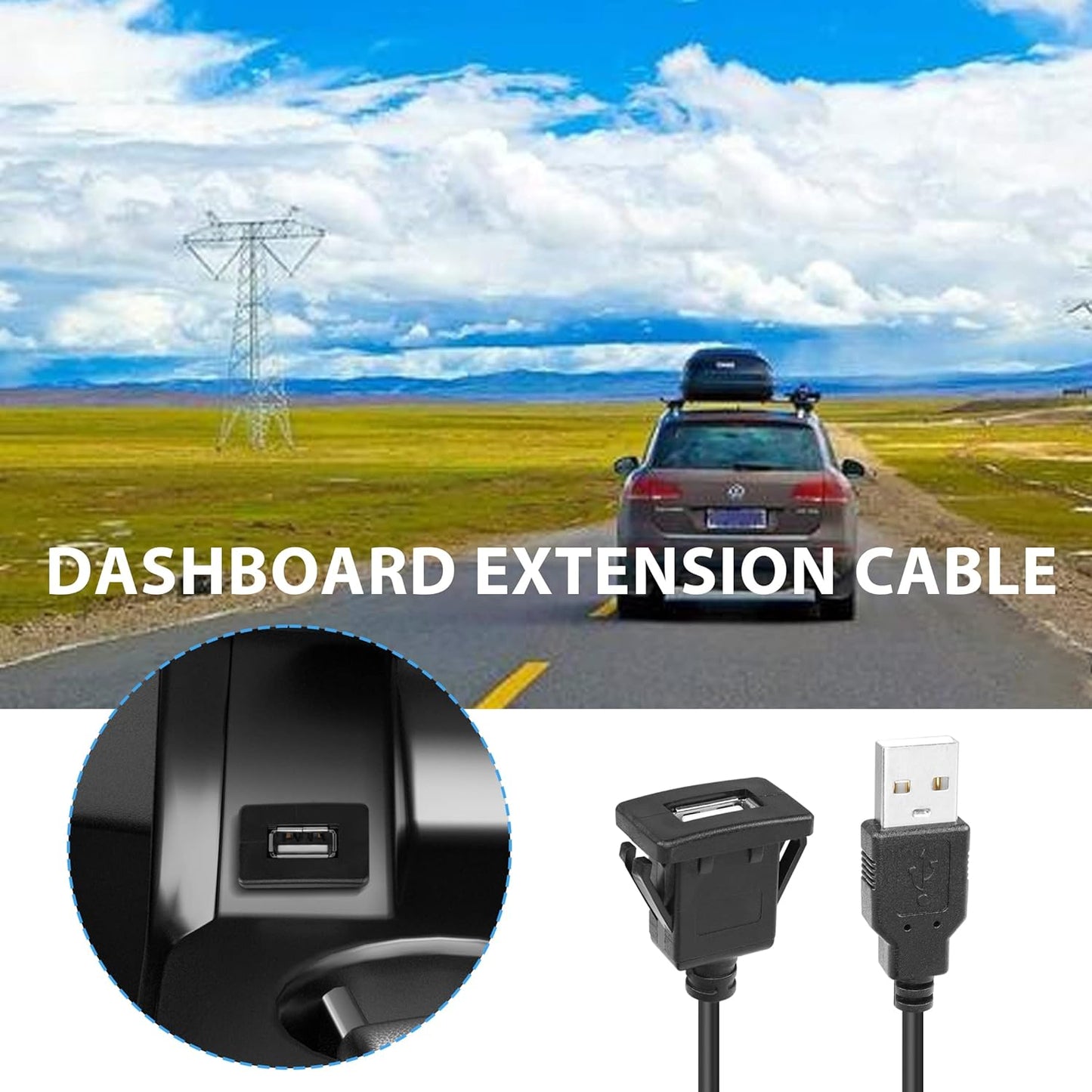 YACSEJAO USB Square Flush Mount Cable, USB 2.0 Single Port Dashboard Panel Extension for Car, 1m