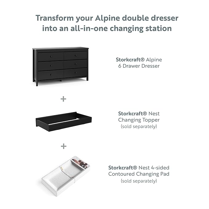 Storkcraft Alpine 6-Drawer Dresser (Black) – GREENGUARD Gold Certified, Black Dresser for Bedroom, Kids & Nursery Storage Drawers, Safety Interlocking Drawers, Pre-Installed Tracks, Kids Bedroom
