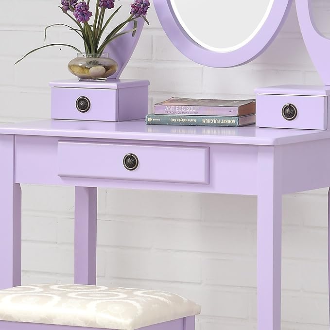Roundhill Furniture Moniys Wood Moniya Makeup Vanity Table and Stool Set, Purple