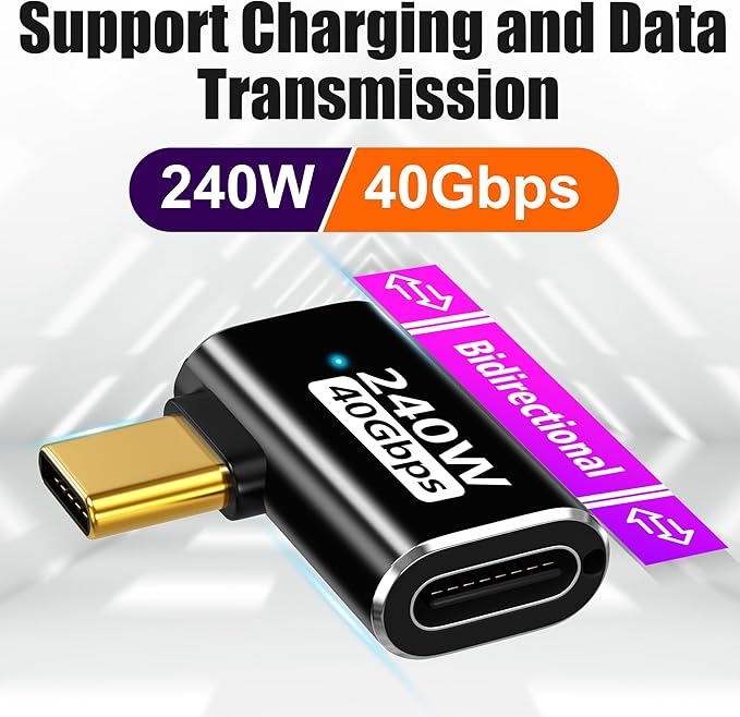 AGVEE 2 Pack Side Angle USB4 USB-C Male to USB-C Female Adapter Converter Video USB 4.0 240W 40G Data Extension Coupler Connector, Black