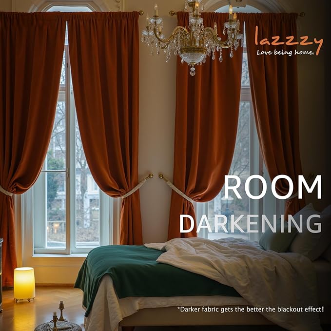 Lazzzy Velvet Blackout Curtains Thermal Insulated Room Window Drapes Super Soft Luxury Curtains for Living Room Bedroom Rod Pocket 2 Panels, Burnt Orange, 52" W x 108" L