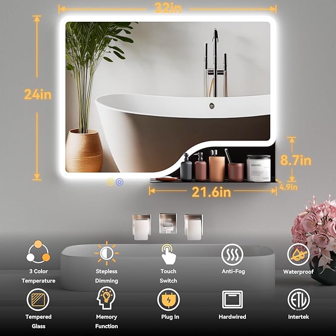 32"x 24" LED Bathroom Mirror with Shelf, 3 Colors Backlit Vanity Mirror with Lights, Wall-Mounted Bathroom Mirror with Lights, Smart Mirror with Anti-Fog, Stepless Dimmable, Memory (UL, ETL)