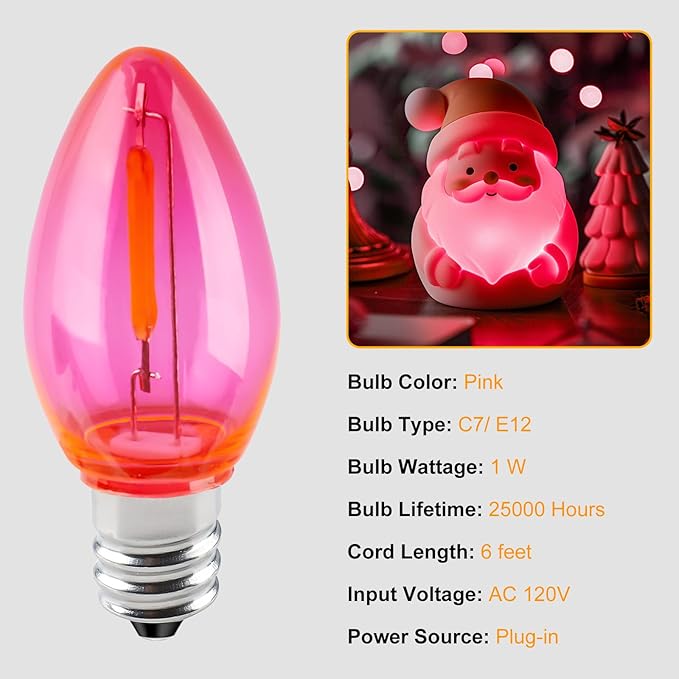 Accessory Cord with One LED Light Bulb - 6ft Cord with On/Off Switch for Valentine's Day Pumpkin, DIY Craft Projects, Paper Lantern Valentine's Day Decoration, Village House, 2 Pack, Pink