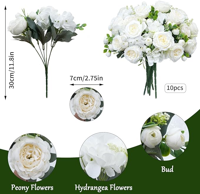 10 Bundles Artificial Peonies, Milky White Hydrangea Artificial Flowers Silk Flowers for Indoor Home Decor Bedroom Kitchen Office Wedding Table Centerpieces