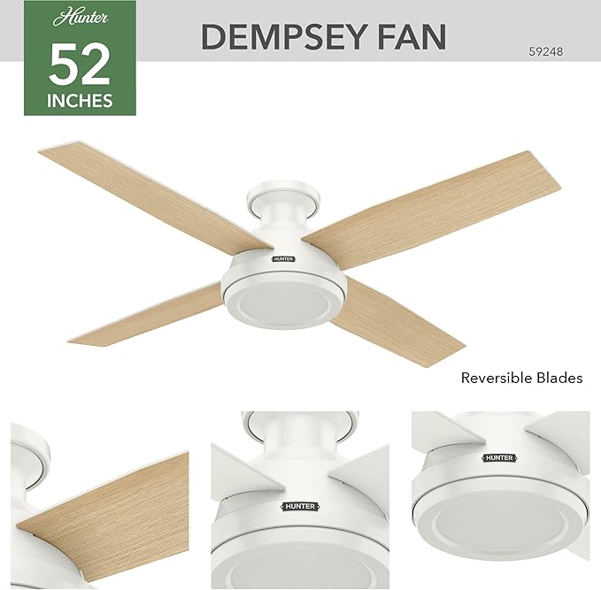 Hunter 52 inch Indoor Ceiling Fan No Light with Remote Control - White Modern Ceiling Fan without Light, Low Profile Mount, 4 Blades, For Bedroom, Living Room, or Kitchen - Dempsey 59248, Fresh White